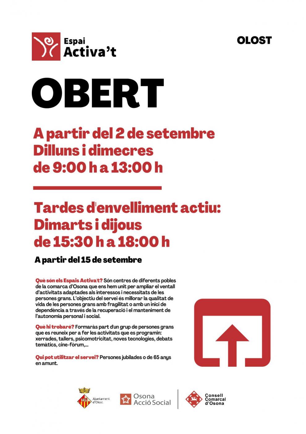 Obertura de l'Espai Activa't a partir del 2 de setembre